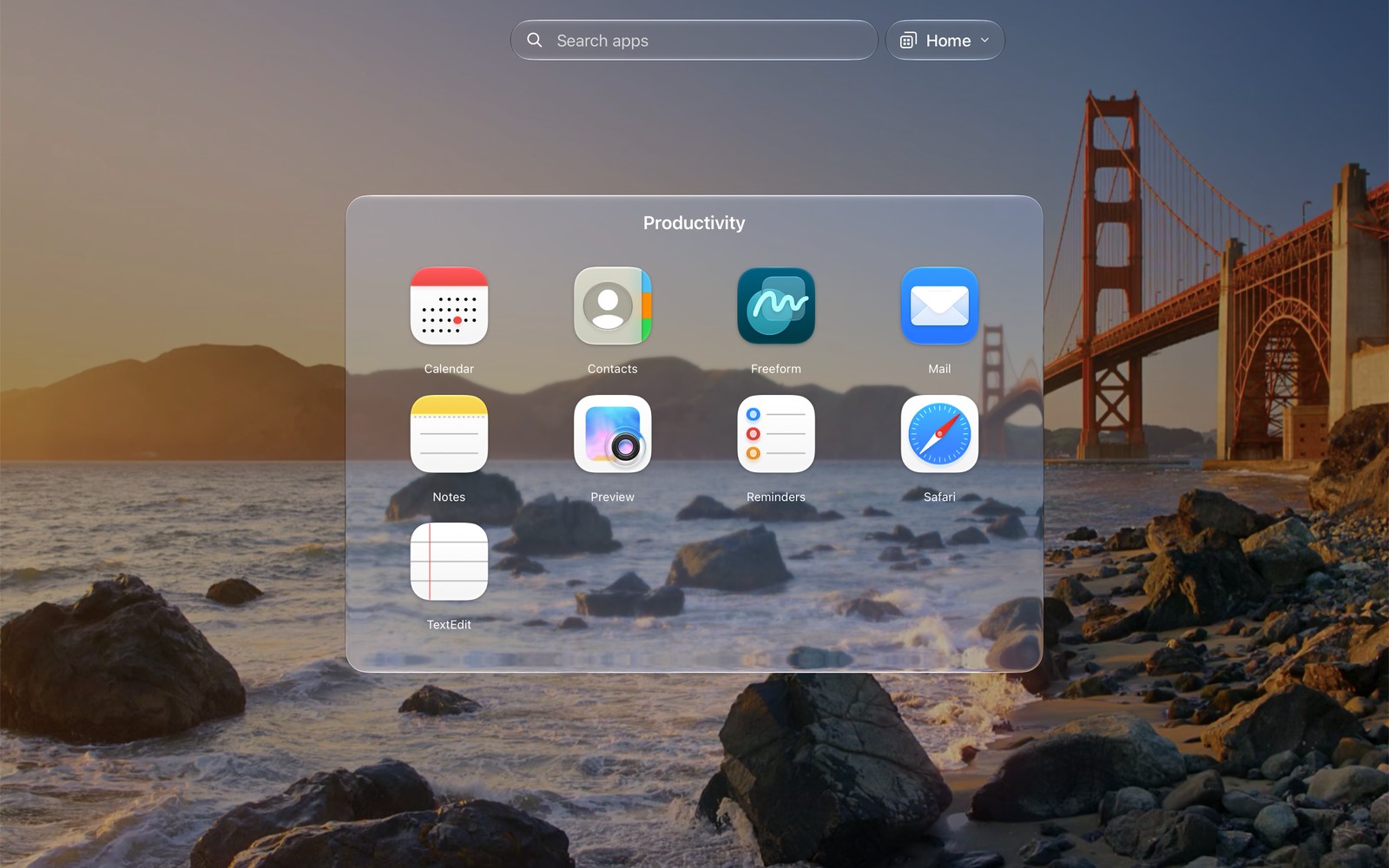 An open folder in the launcher: app icons on a translucent glass panel over the wallpaper