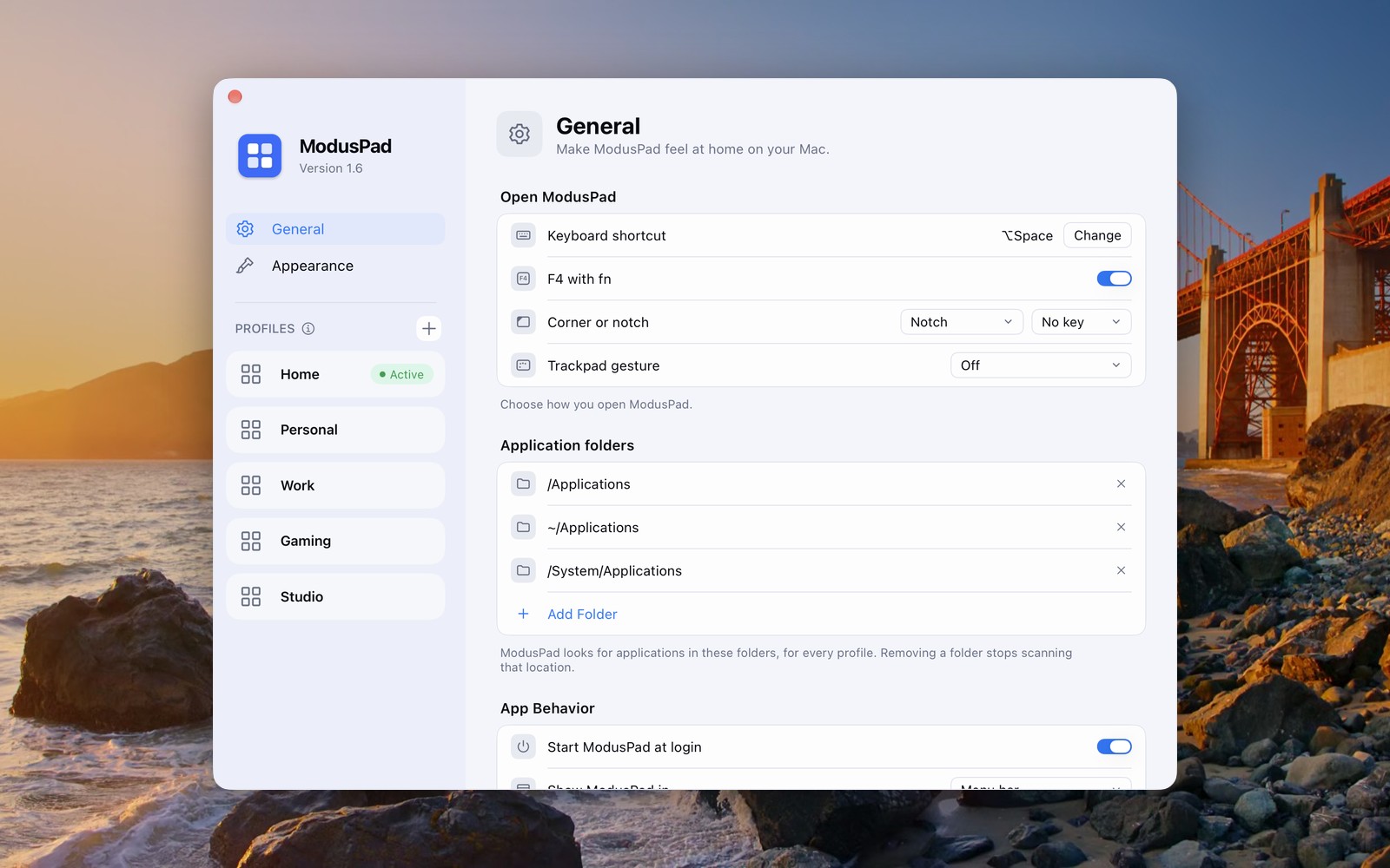 Settings › General: keyboard shortcut, F4 with fn, corner or notch, trackpad gesture