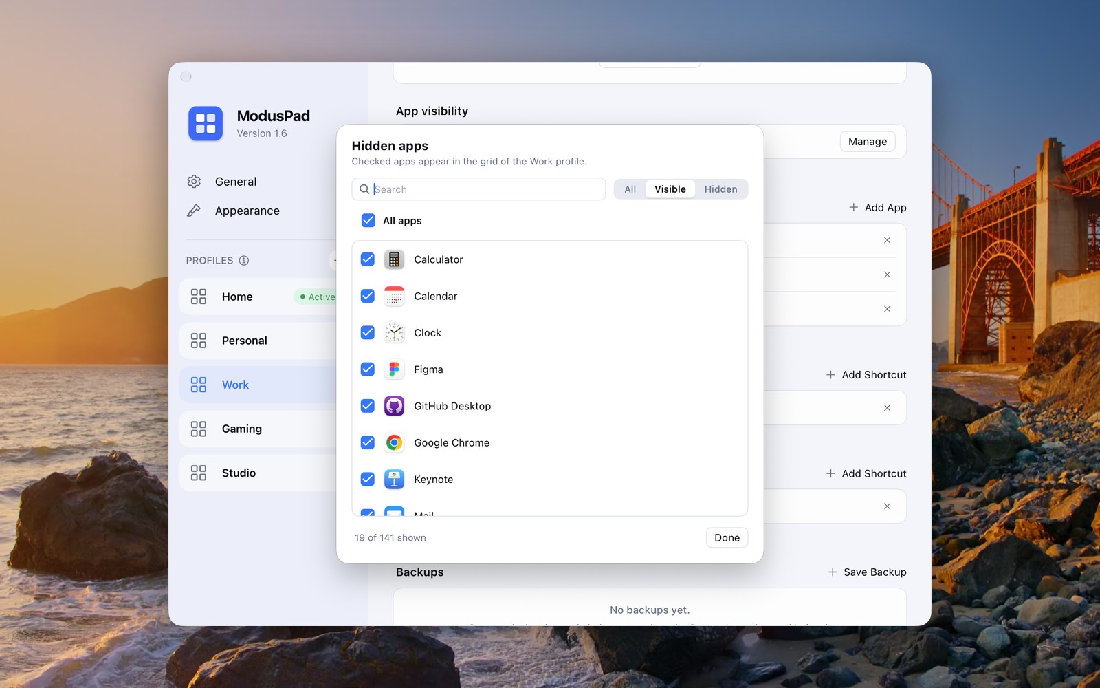 App visibility: one list of every app with checkboxes