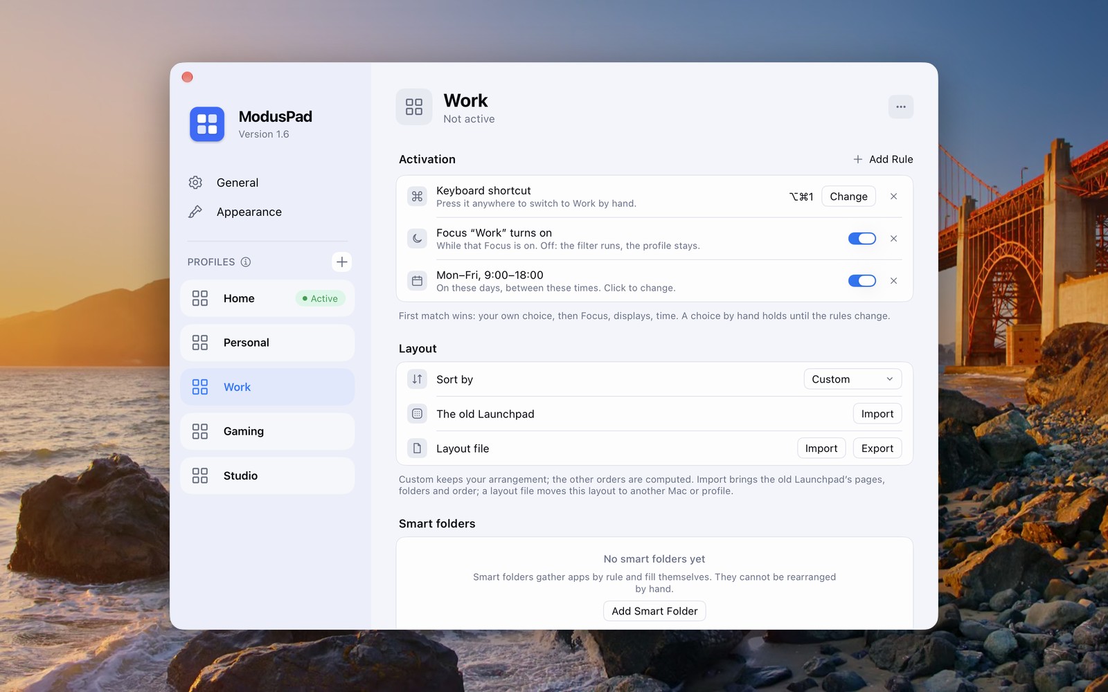 Profile Work › Activation: a keyboard shortcut, a Focus and working hours