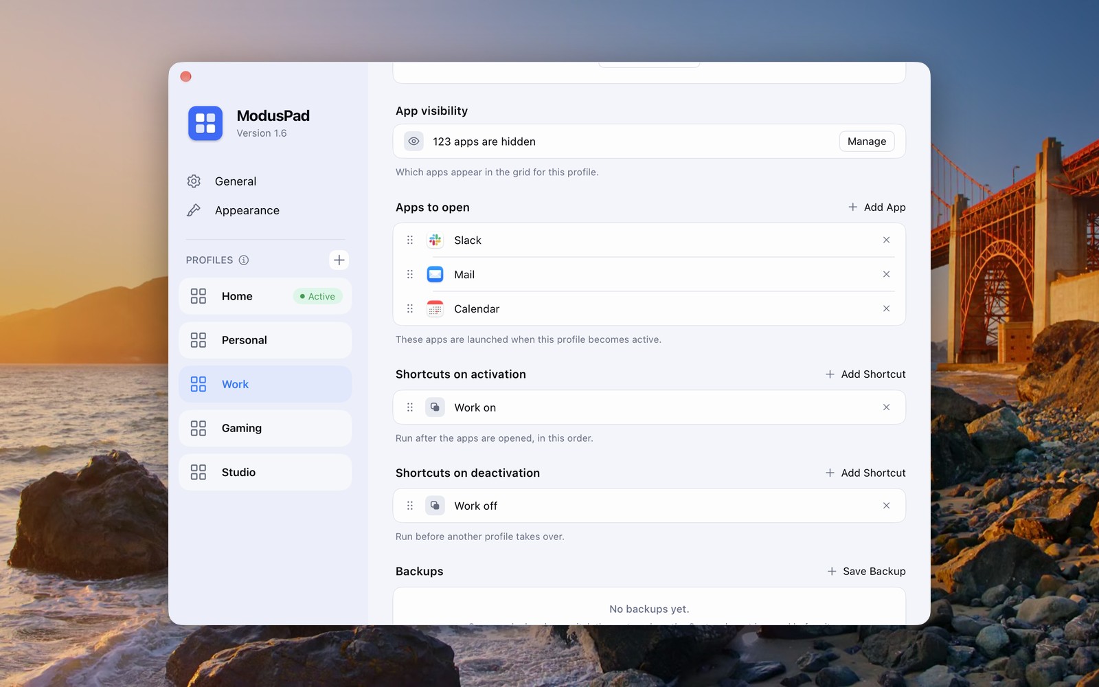 Profile settings: apps to open, shortcuts on activation and on deactivation