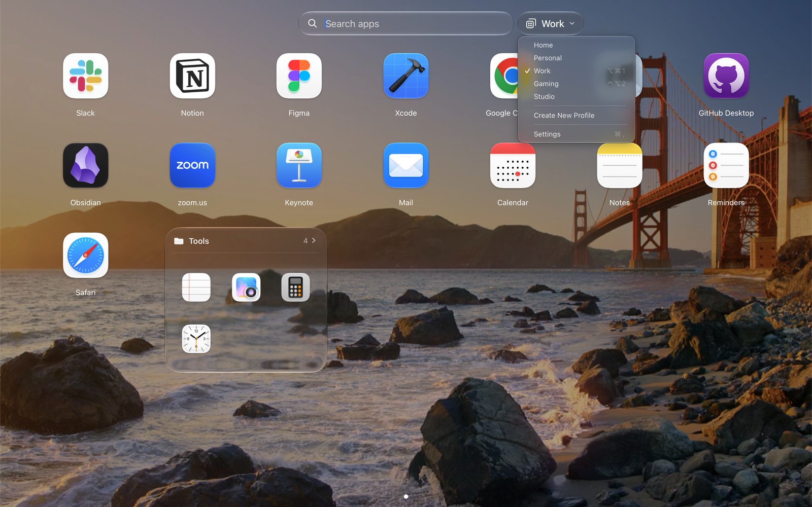 Profile menu in the launcher: Home, Personal, Work, Gaming, Studio