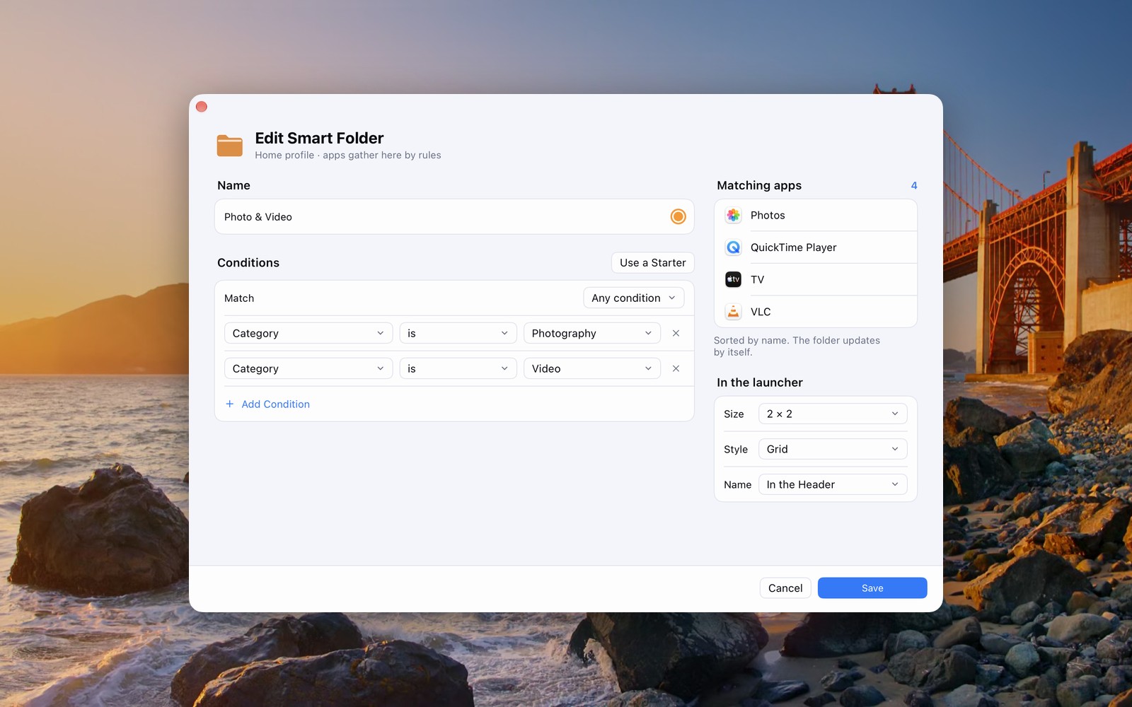 Edit Smart Folder: conditions by category, matching apps, and the folder's size, style and name in the launcher