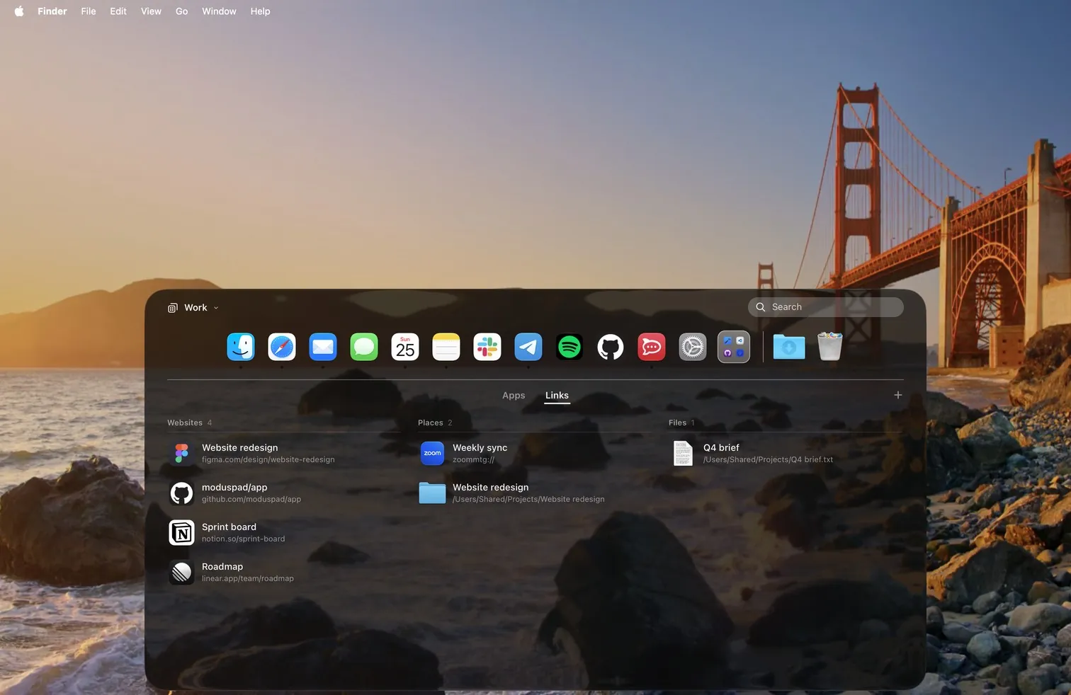 Der Links-Tab des Profils Work im geöffneten Dock